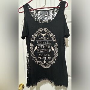 Unique Black Graphic Cold Shoulder and Lace Back Top